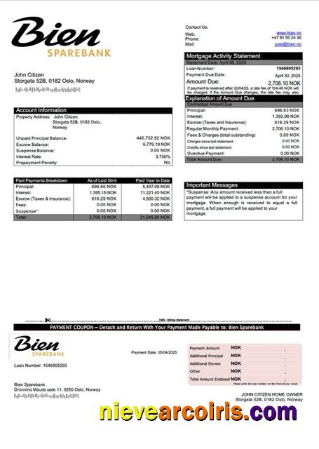 Norway Bien Sparebank mortgage statement Word and PDF template